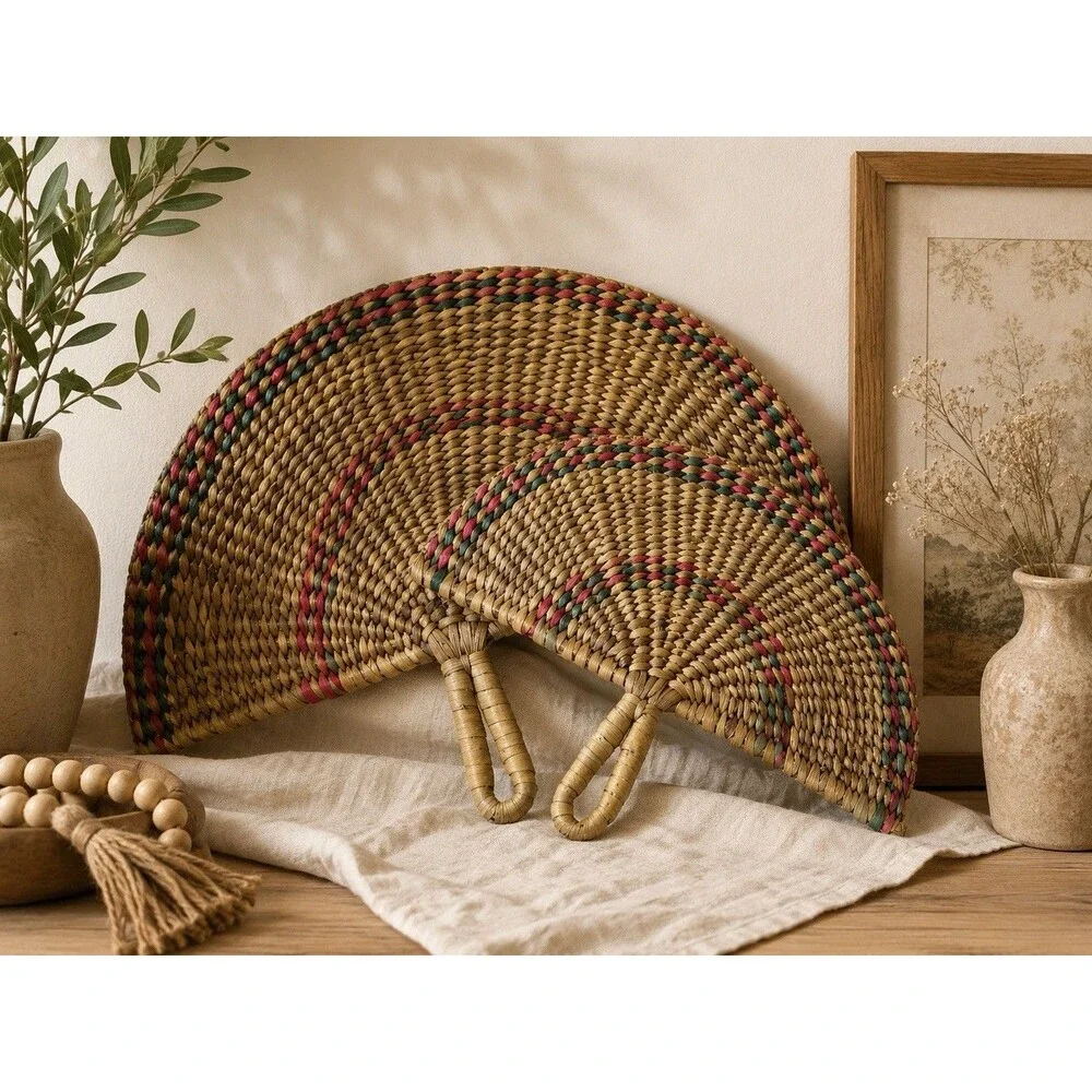 Vintage Handwoven Wicker Wall Fan Set Boho Coastal Seagrass Rattan Decor Pair